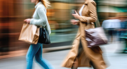 Two blurred in motion women with bags on city street