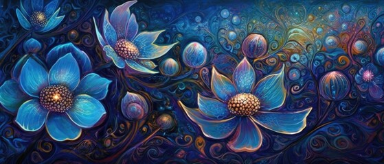 Midnight blue purple moon flowers in outdoor meadow, these vivid and colorful fantasy florals only bloom once a year at twilight - Generative AI.