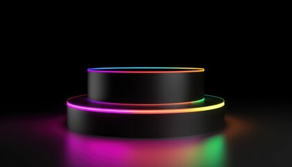 3D dark full podium with neon rainbow light on a black background. Empty stage for product presentation or fashion show performance, pedestal in nightclub dance floor Generate AI.