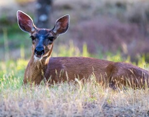 Closeup shot of a brown deer on a canola field in Alberta praire