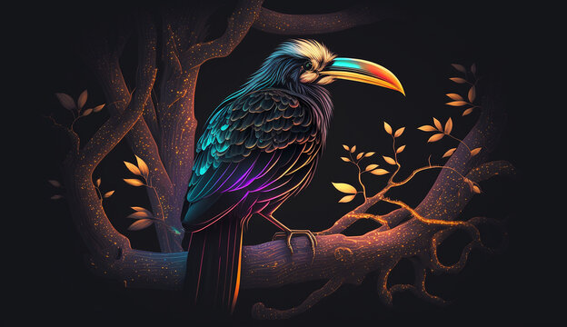 Abstract neon light Hornbill bird artwork Generative AI