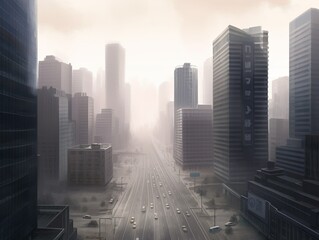 City with tall skyscrapers and a thick layer of smog and air pollution created by Generative AI