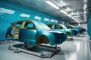 Plakat high-tech painting and coating system with multiple robotic arms inspecting and applying paint to car, created with generative ai