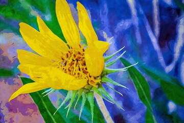 A digital watercolor painting featuring small, daisy-like flowers with long, thin petals in shades of gold and brown