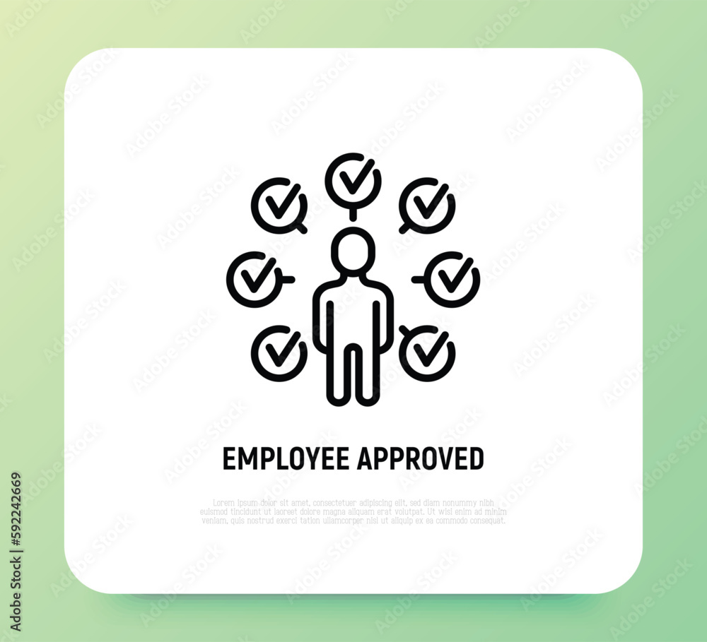 Aufkleber employee is approved for job. successful interview. man with check marks. modern vector illustration