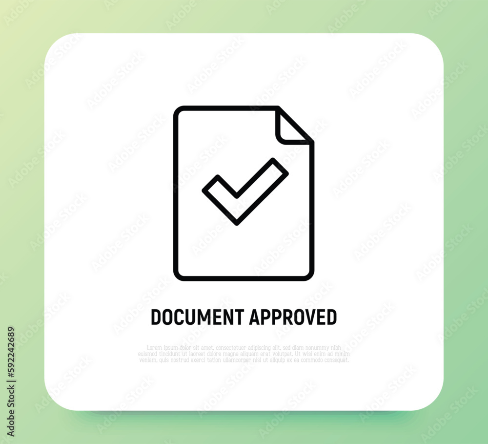 Poster document approved thin line icon: paper sheet with check mark. modern vector illustration.