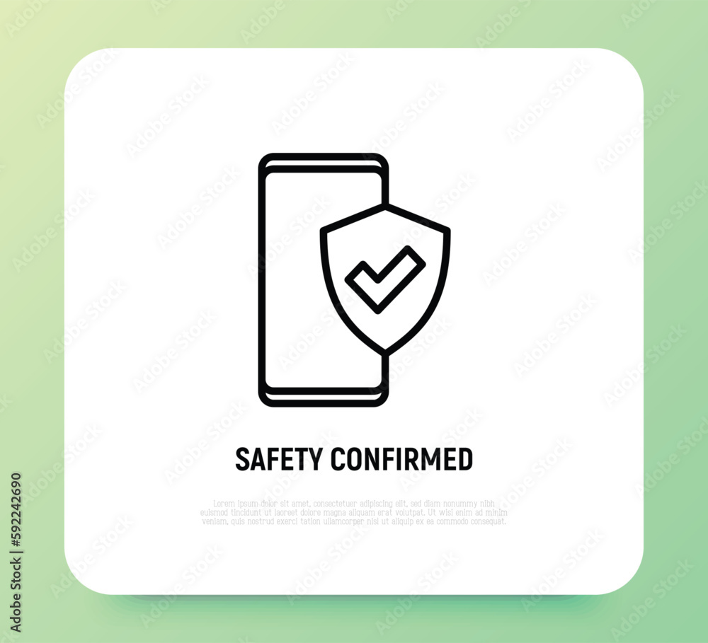 Poster safety confirmed: smartphone is protected by shield with check mark. thin line icon. modern vector i
