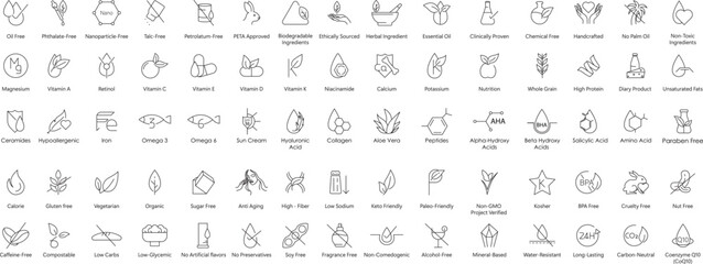 health and beauty icons set includes a versatile collection of vector illustrations for your health and beauty designs. From skincare to nutrition, we've got you covered with over 70 icons - obrazy, fototapety, plakaty