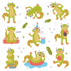 Fotobehang Funny Green Gecko Character Engaged in Different Activity Vector Set © topvectors