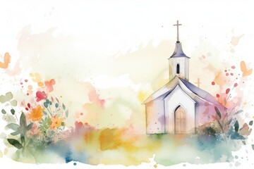 Fototapeta Watercolor Baptism Celebration Card with Church Frame  - Generative AI obraz