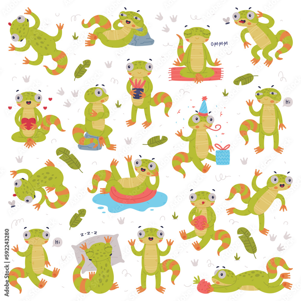 Poster funny green gecko character engaged in different activity vector set