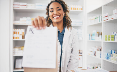 Pharmacy, medicine bag or portrait of woman giving package to pov patient in customer services. Healthcare help desk, pharmacist or happy doctor with pharmaceutical note or medical product receipt - obrazy, fototapety, plakaty