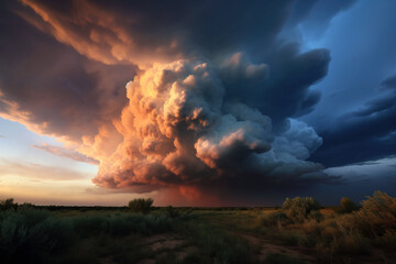 Obraz na płótnie Canvas Hude storm clouds on sunset. Digitally generated ai image.