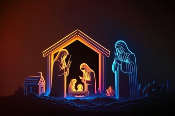 The scene of the birth of the baby Jesus Christ in a manger with Joseph and Mary in neon