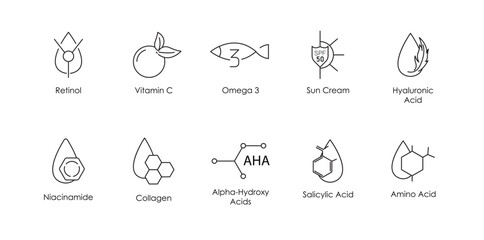 Fototapeta retinol, vitamin c, omega 3, sun cream, hyaluronic acid, niacinamide, collagen, alpha hydroxy acid, amino acid, salicylic acid icon set vector illustration  obraz