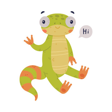 Funny Green Gecko Character Sitting and Waving Paw Saying Hi Greeting Vector Illustration