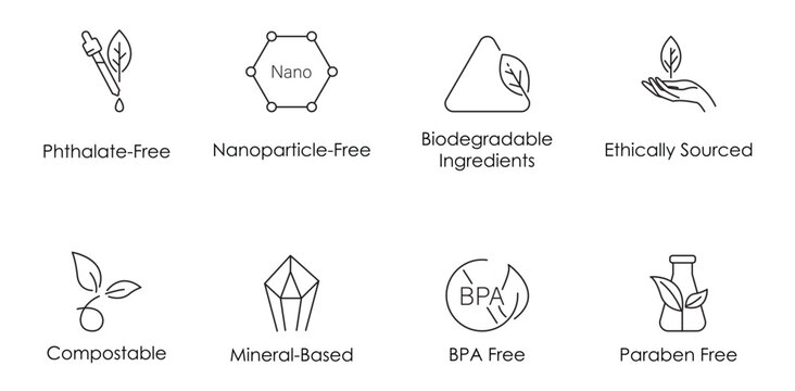 phthalate free, nanoparticle free, biodegradable ingredients, ethically sourced, compostable, mineral based, bpa free, paraben free icon set vector illustration 