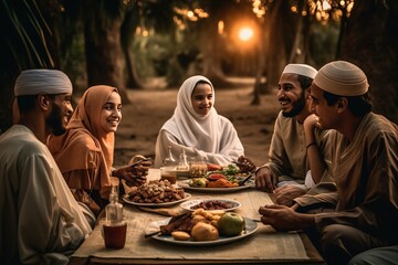 A family sitting together for iftar the breaking of fast at sunset.On the table full of traditional Ramadan foods. The family smiling and laughing. Generative AI