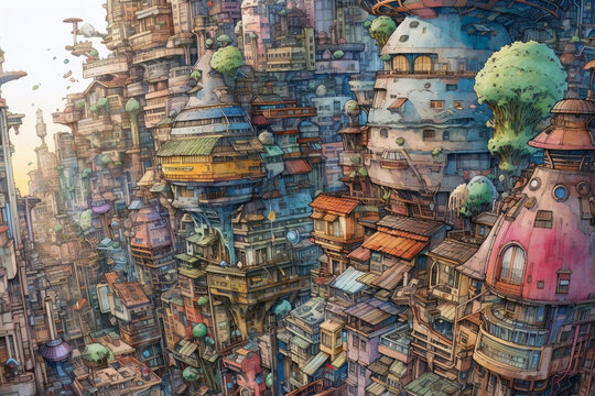 Dense fantasy city anime style art. Digitally generated AI image