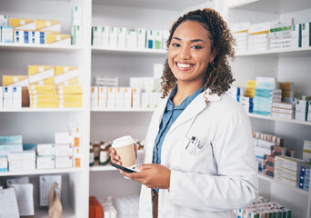Pharmacist, phone or portrait of woman with coffee texting in pharmacy to contact email or online...