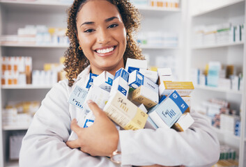 Happy woman in portrait, pills and pharmacist in pharmacy with healthcare and medicine in drug store. Vitamins, supplements and female smile with prescription medication in pharmaceutical industry