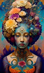 Portrait of a beautiful woman with fantasy make-up and flowers