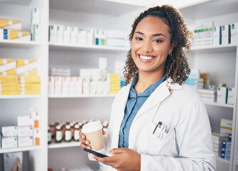 Pharmacist, phone or portrait of happy woman with coffee texting in pharmacy to contact email or...