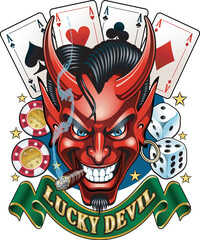 Cartoon style lucky devil with cards, dice and casino chips