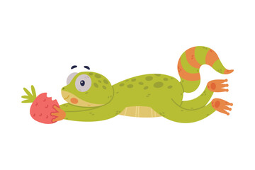Funny Green Gecko Character with Bulging Eyes Eating Strawberry Vector Illustration