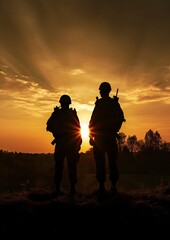 Fototapeta na wymiar Silhouettes of Two Soldiers Against the Sunset Sky - Military Themed Stock Photo - Generative AI