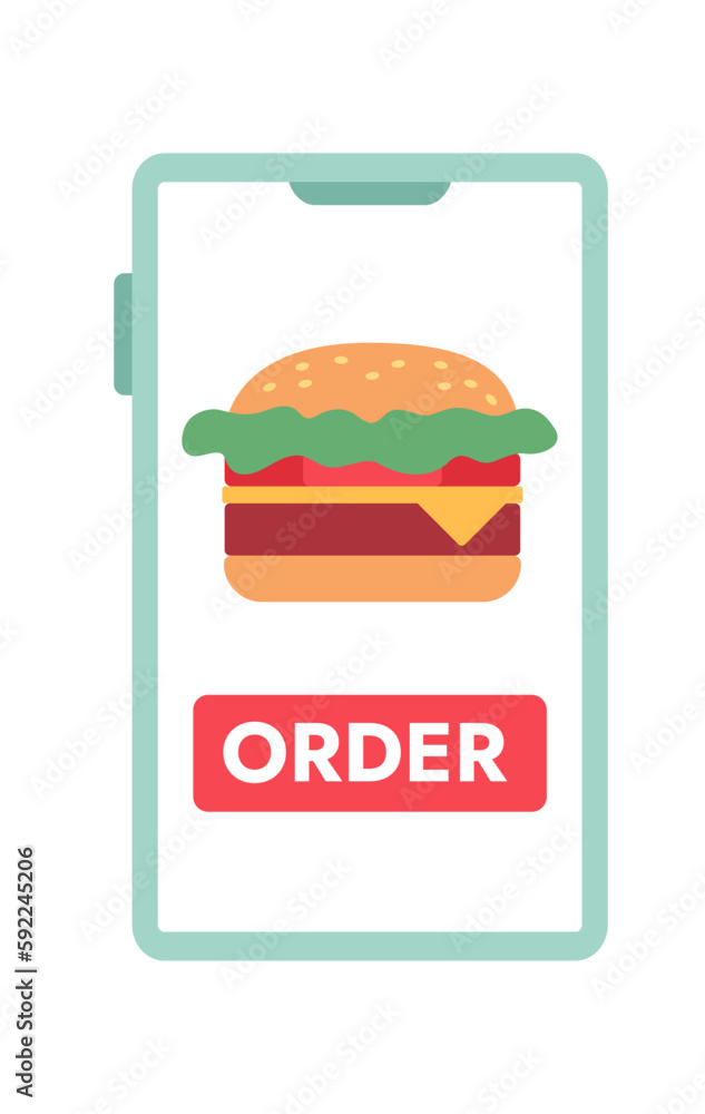 Poster mobile phone screen with fast food delivery app semi flat colour vector object. burger order. editab