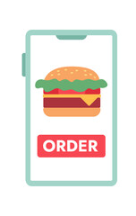 Mobile phone screen with fast food delivery app semi flat colour vector object. Burger order. Editable cartoon style icon on white. Simple spot illustration for web graphic design. Jost Bold font used