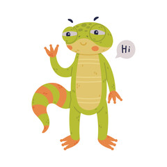 Funny Green Gecko Character Standing and Waving Paw Saying Hi Greeting Vector Illustration