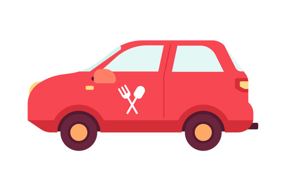 Food delivery vehicle semi flat colour vector object. Catering service. Commercial transport. Editable cartoon style icon on white. Simple spot illustration for web graphic design and animation