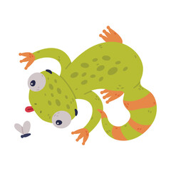 Naklejka premium Funny Green Gecko Character Catching Fly with Tongue Vector Illustration