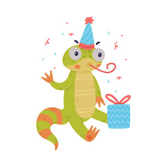 Funny Green Gecko Character with Bulging Eyes Blowing Whistle Sitting in Birthday Cone Hat with Gift Box Vector Illustration