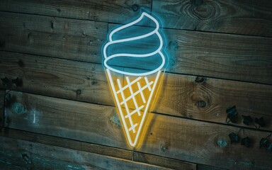 Ice cream neon sign on a wooden wall