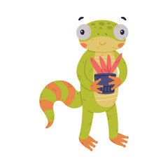 Funny Green Gecko Character with Bulging Eyes Holding Houseplant in Pot Vector Illustration
