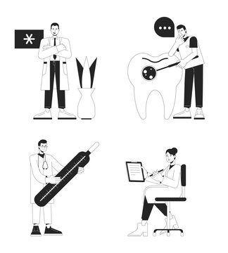 Health care professionals bw concept vector spot illustrations pack. Specialist 2D flat line monochromatic cartoon characters on white for web UI design. Editable hero image for landing, mobile header