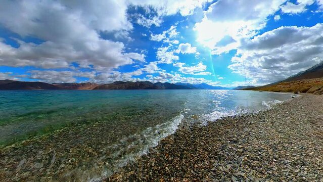 Timelapse of Clouds Over a Blue Lake - Pangong Lake