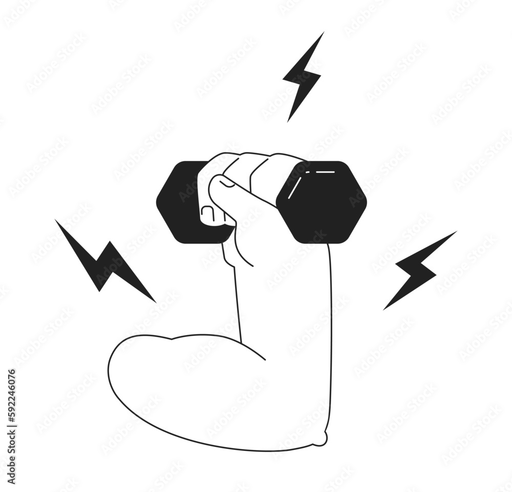 Poster lifting hand weight monochromatic flat vector first view hand. dumbbell exercise. grip with lightnin