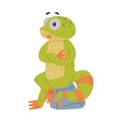 Funny Green Gecko Character with Bulging Eyes Sitting on Stone Vector Illustration