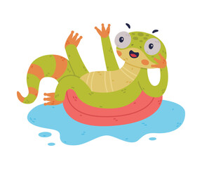 Funny Green Gecko Character Swimming in Pond with Rubber Ring Vector Illustration