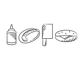 sketch hand drawn hot dog, hamburger and knife icons