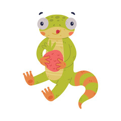 Naklejka premium Funny Green Gecko Character Sitting and Eating Strawberry Vector Illustration