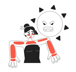 Sunburn redness monochrome concept vector spot illustration. Editable 2D flat bw cartoon character for web UI design. Girl with skin red spots creative linear hero image for landings, mobile headers