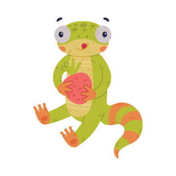 Funny Green Gecko Character Sitting and Eating Strawberry Vector Illustration