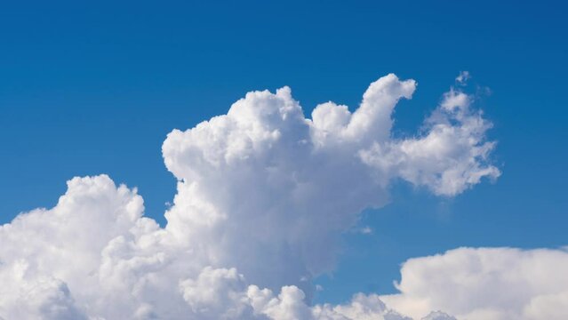Gorgeous view of soft white cumulus clouds moving in a bright blue sky on a sunny day
