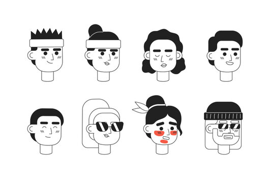 Sporty, stylish people monochromatic flat vector character heads pack. Editable black white cartoon face emotions. Hand drawn lineart ink spot illustrations bundle for web graphic design, animation