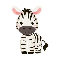 Baby zebra. Vector drawing of an African animal. Zebra, cute cartoon style character. White background. Used for web design and for printing.